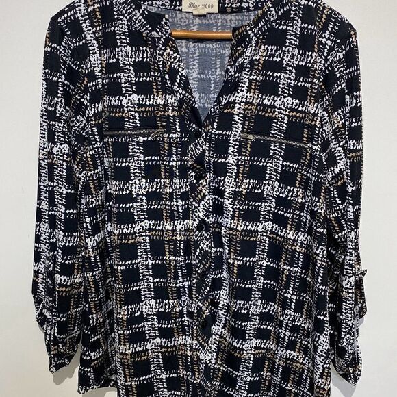 Blue Mood Women's Multicolor Plaid Split Neckline Button Up Shirt Size XL - Picture 1 of 9